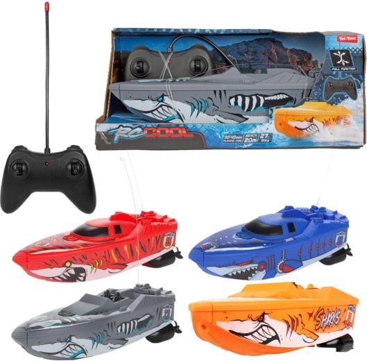 RC motorcsónak távirányítóval 27 MHz-en, cápa mintával