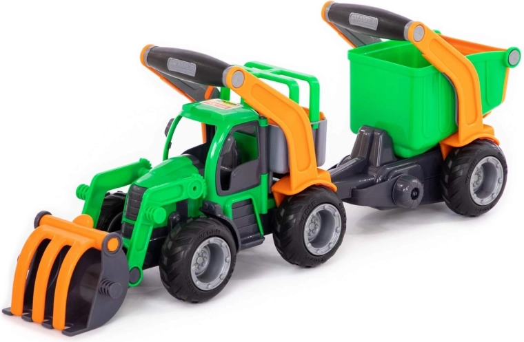 GripTruck traktor homlokrakodóval és pótkocsival