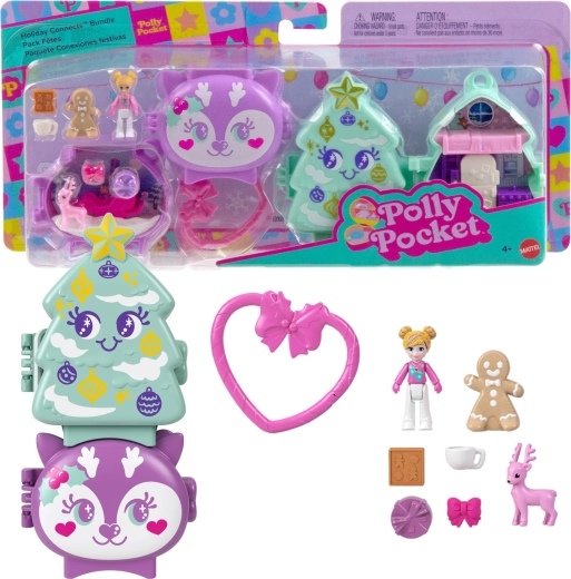 Mattel Polly Pocket karácsonyi összekapcsolható kompakt játékszett Holiday Connects karácsonyfa és rénszarvas – 2 db
