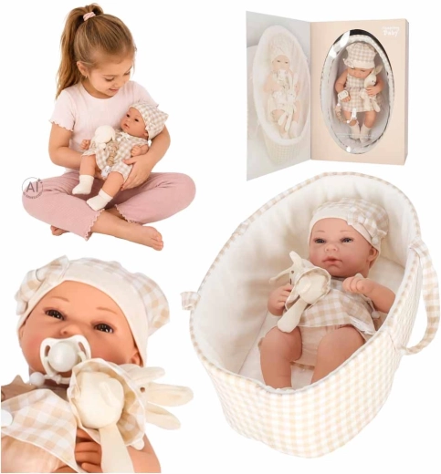 Bézs baba 38 cm hordozóval, cumival és plüss nyuszival