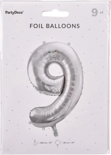 Ezüst fólia lufi 9-es szám 86 cm