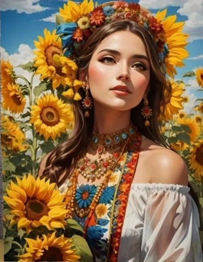Gyémántszemes festés Szláv lány napraforgók között 30 × 40 cm