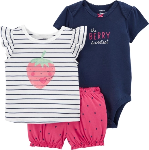 Lány 3 részes nyári szett STRAWBERRY STRIPES pamutból (body, póló, rövidnadrág)