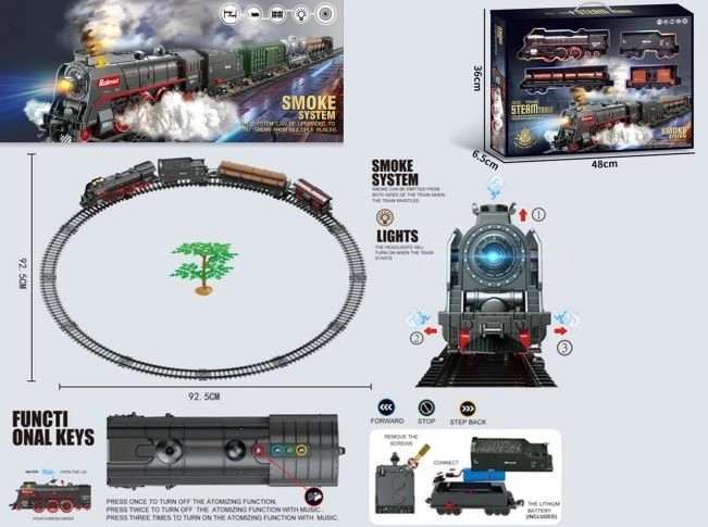 Vasúti szerelvény 48 darabbal fénnyel, hanggal és füsthatással
