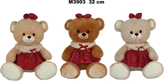 Plüssmackó ruhácskában, 32 cm, 3 színváltozat – 1 darab