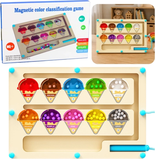 Fa mágneses Montessori labirintus színek válogatásához