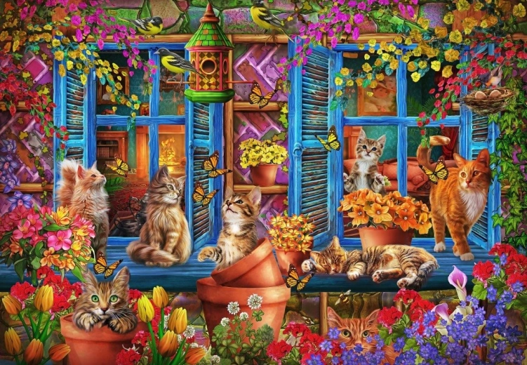 Puzzle párkányon ülő macskákkal, 1000 darab, BLUEBIRD