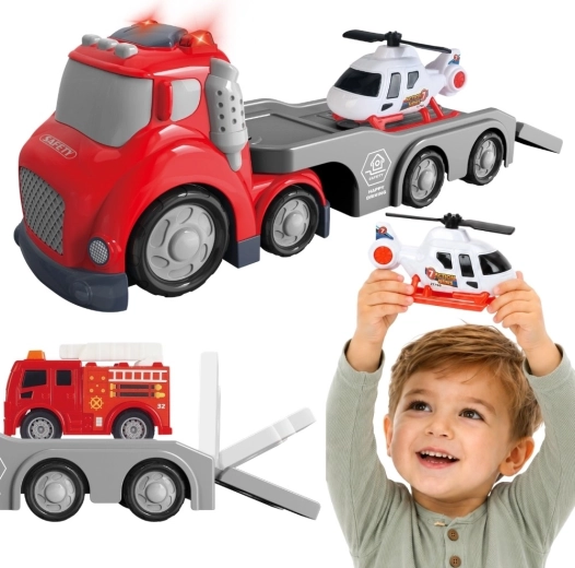 Woopie City Truck tűzoltó vontató jármű helikopterrel és hangeffektekkel