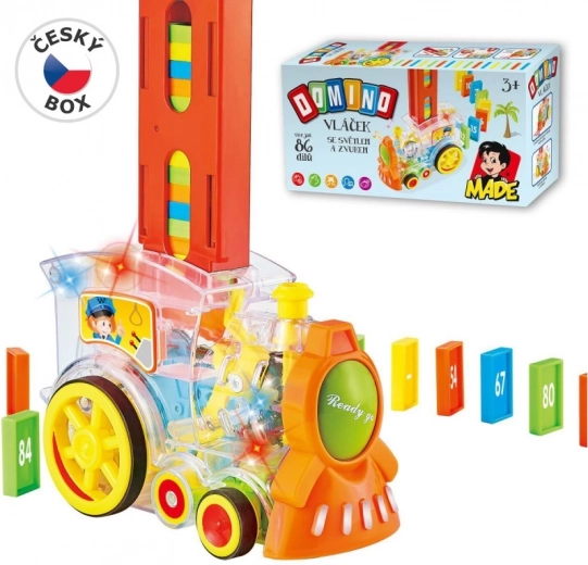 Transzparens mozdony dominóval és fénnyel gyerekeknek