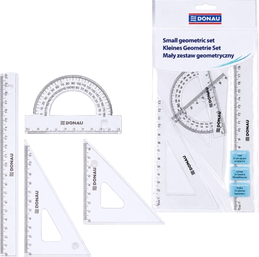 Kis DONAU geometriai készlet 20 cm-es vonalzóval, derékszögekkel és szögmérővel, átlátszó – 1 db