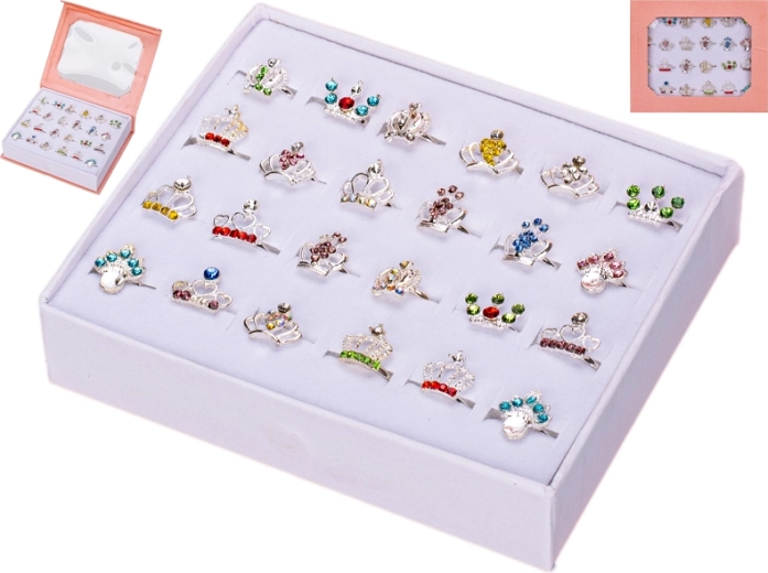 Lányoknak való korona mintás gyűrűszett szív alakú dobozban, 24 db