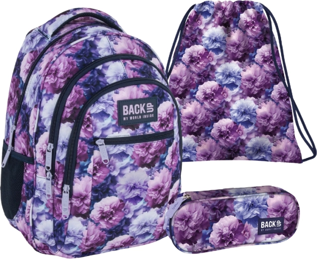 BackUP Violet Flowers 3 az 1-ben iskolai szett – hátizsák, tolltartó és tornazsák