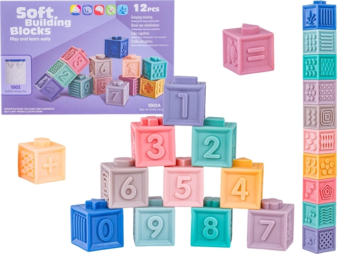 Puha szilikon szenzoros kockák számokkal és formákkal (12 db)