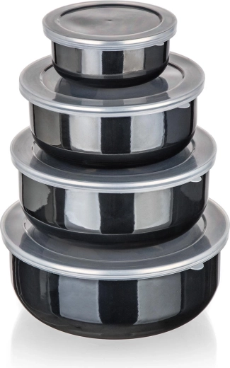METALIC Black fekete zománcozott tálkák fedőkkel, 8 darabos készlet