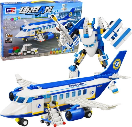 2 az 1-ben építőkészlet: személyszállító repülő és robot fényekkel, 417 darab