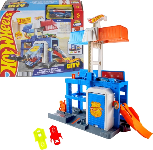 Hot Wheels City rendőrőrs – háromszintes készlet fém rendőrautóval