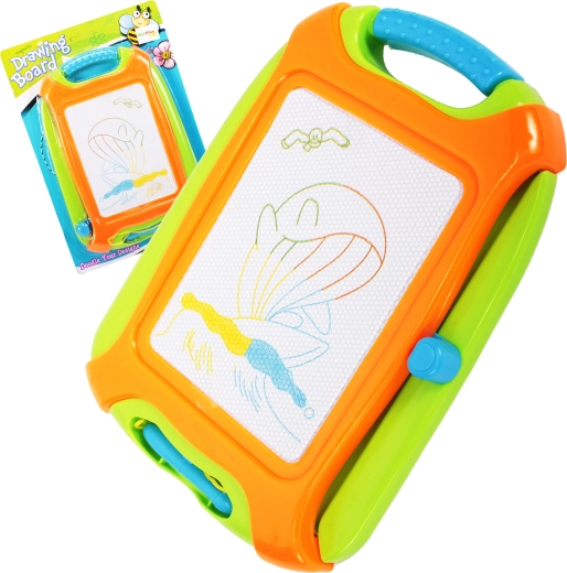 Színes mágneses rajztábla törlős mechanizmussal, 26,5 × 18,5 cm, fogantyúval