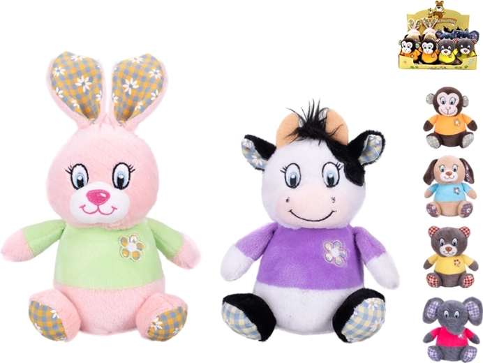 Plüss állatfigura 15 cm színes pólóval, újszülött kortól