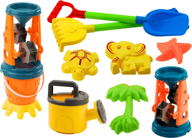 Homokozó készlet Malom a homokhoz Lapát Gereblye Öntözőkanna Formák Vödör 10 db