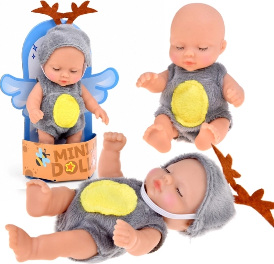Mini baba játékfigura, csecsemő rénszarvas jelmezben, 11 cm