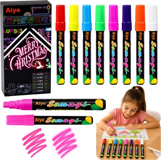 8 db neon folyékony filctoll készlet vágott heggyel