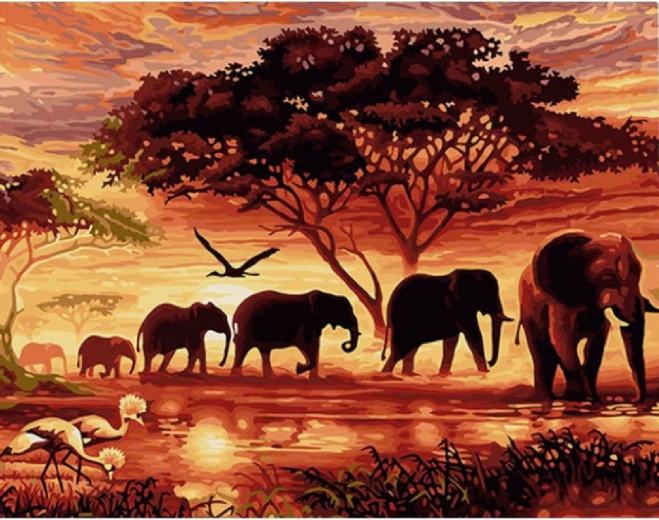 Norimpex számfestő készlet – Elefántcsorda naplementében, 40 × 50 cm