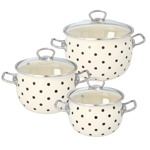3 darabos zománcozott lábas készlet fedőkkel, fehér pöttyös, 2,5 l, 3,5 l, 5 l