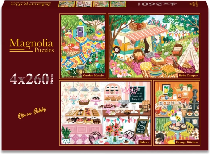 Magnolia puzzle készlet: kerti mozaik, kempingezés, pékség és vidéki konyha 4×260 darab