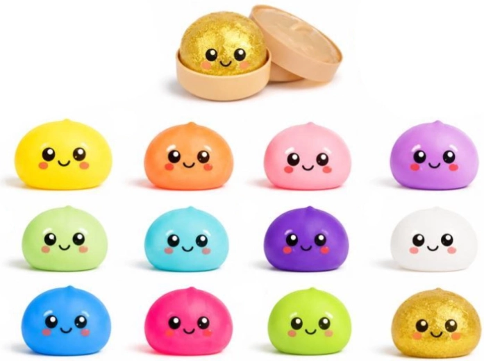 Kawaii squishy gombócka pároló kosárkában (stresszoldó nyomkodós játék) - 1 db