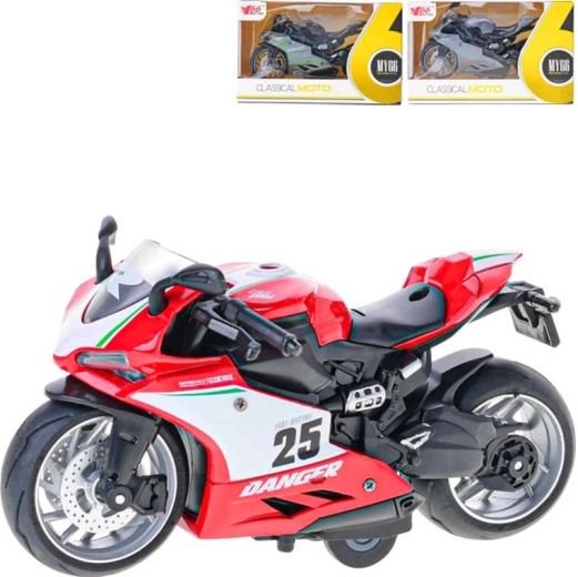 Fém versenymotor 14 cm 1:12, visszahúzós meghajtással, dobozban - 1 db