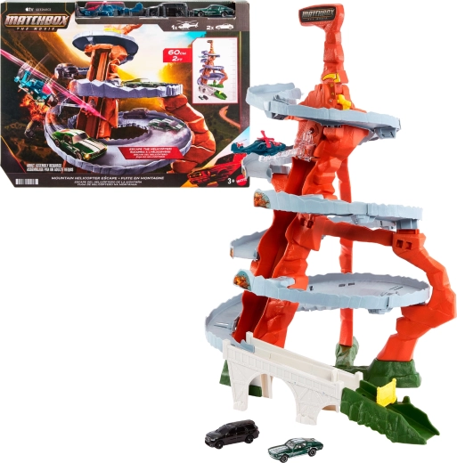 Matchbox The Movie hegyi üldözés helikopterrel – játékszett (pálya + 2 kisautó + helikopter)