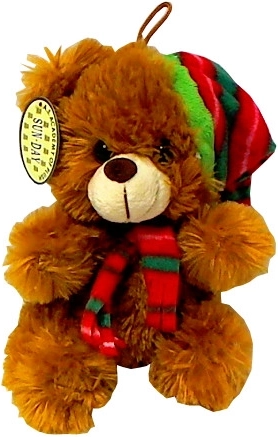 Plüss mackó sapkával és sállal – karácsonyi motívum