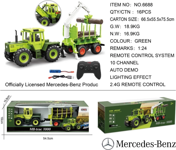 Zöld RC Mercedes-Benz traktor fa szállítására szolgáló pótkocsival és daruval, 1:24