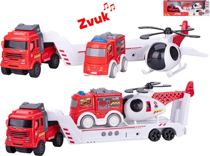 Tűzoltó szett hangokkal és lendkerekes meghajtással, 30 cm-es teherautó + 2 jármű
