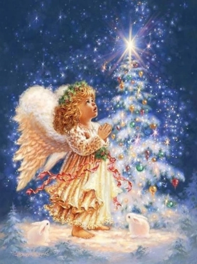 Gyémántszemes kirakó Angyalka a karácsonyfa mellett 30 × 40 cm