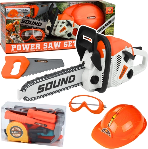 Gyermek szerszámkészlet motoros fűrésszel, sisakkal és védőszemüveggel, hangokkal