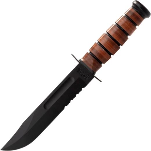 KA-BAR USMC taktikai kés részben fogazott éllel, bőr markolat és tok