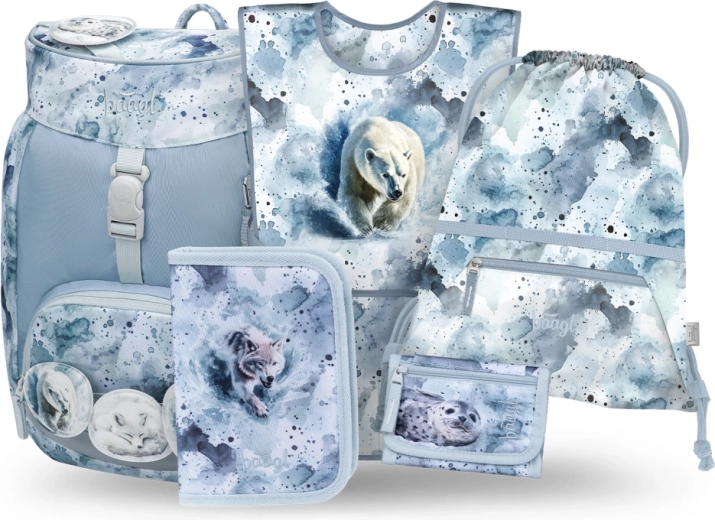 BAAGL Airy Polar iskolai szett, 5 részes: hátizsák, tolltartó, tornazsák, kötény és nyakba akasztható pénztárca újrahasznosított anyagokból