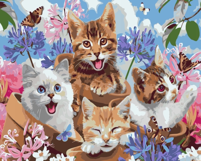 Norimpex Festés számok szerint – boldog cicák virágcserepekben, 40 × 50 cm