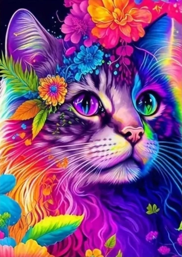 Gyémántfestés színes macska virágokkal 30 × 40 cm