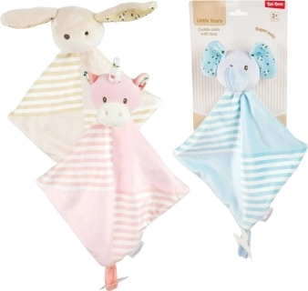 Plüss altatókendő állatkákkal, cumitartó pánttal