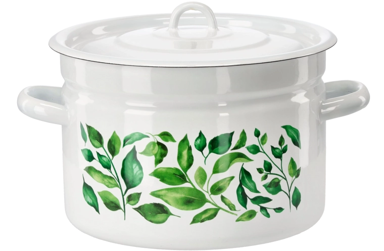 Zománcozott fazék 9 l, 26 cm, fehér, fikusz mintával, fedővel