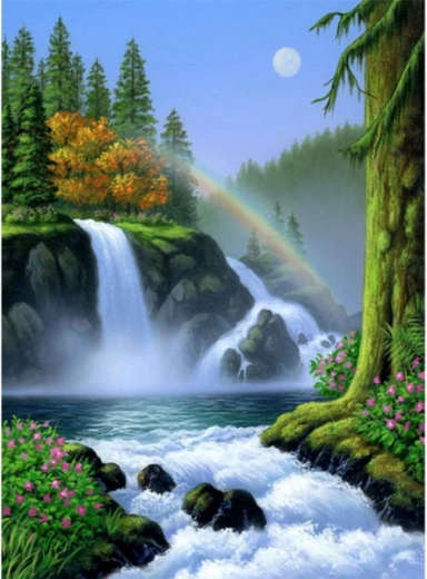 Diamantmozaik (diamond painting) vízesés szivárvánnyal 30 × 40 cm – 1 db