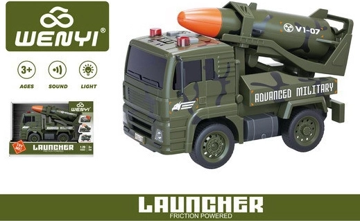 Lendkerekes rakétás katonai autó, fény- és hangeffektek, 19 cm