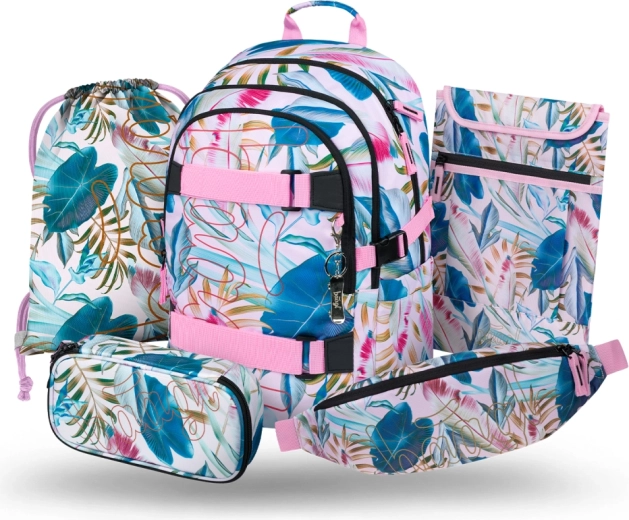 Baagl iskolai szett 5 db Skate Leafs – hátizsák, tolltartó, tornazsák, övtáska és laptop tok