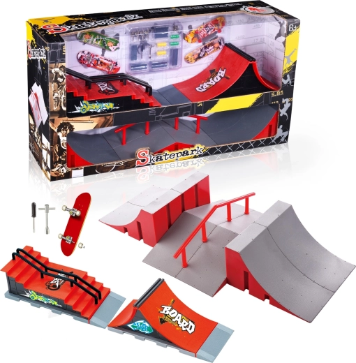 Fingerboard skatepark szett XL lépcsővel, korláttal és 2 fingerboarddal