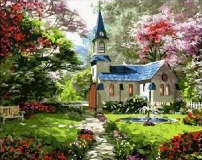 Norimpex gyémántfestés Templom tavaszi kertben 30 × 40 cm