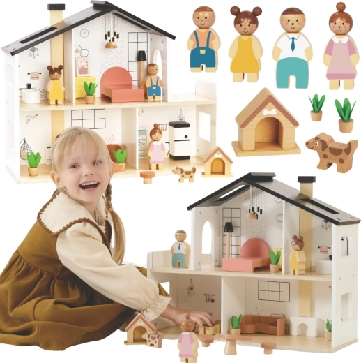 Tooky Toy fa babaház kiegészítőkkel és családdal (20 db)
