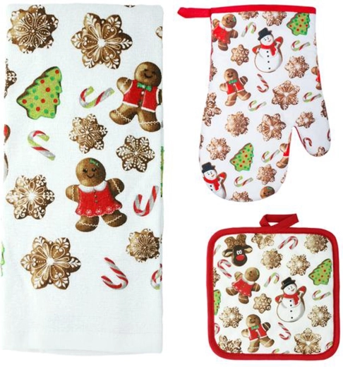 Mézeskalács konyhai szett – edényfogó kesztyű, fogó és konyharuha