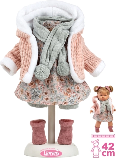 42 cm-es babaruhaszett – rózsaszín kötött szett sállal és szoknyával